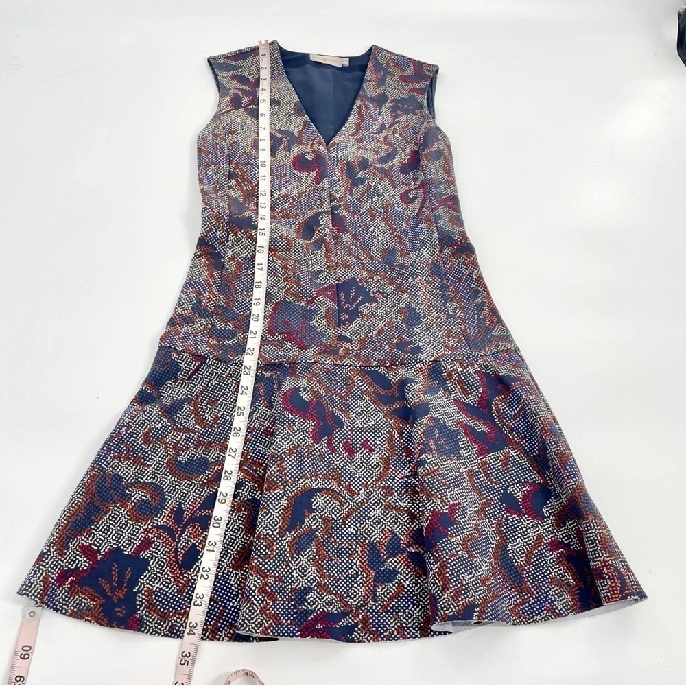 Tory Burch Calico Pixelated‎ Blue Neutral V-Neck Floral Fit n’ Flare Dress Sz XS